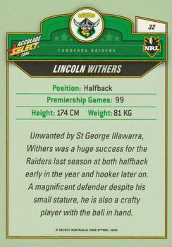 2006 Select Accolade #32 Lincoln Withers Back